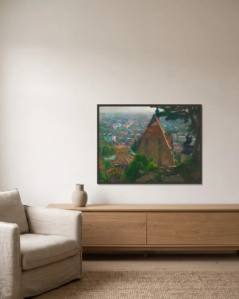 Blick auf Mödling von Carl Moll gerahmt an einer Wand