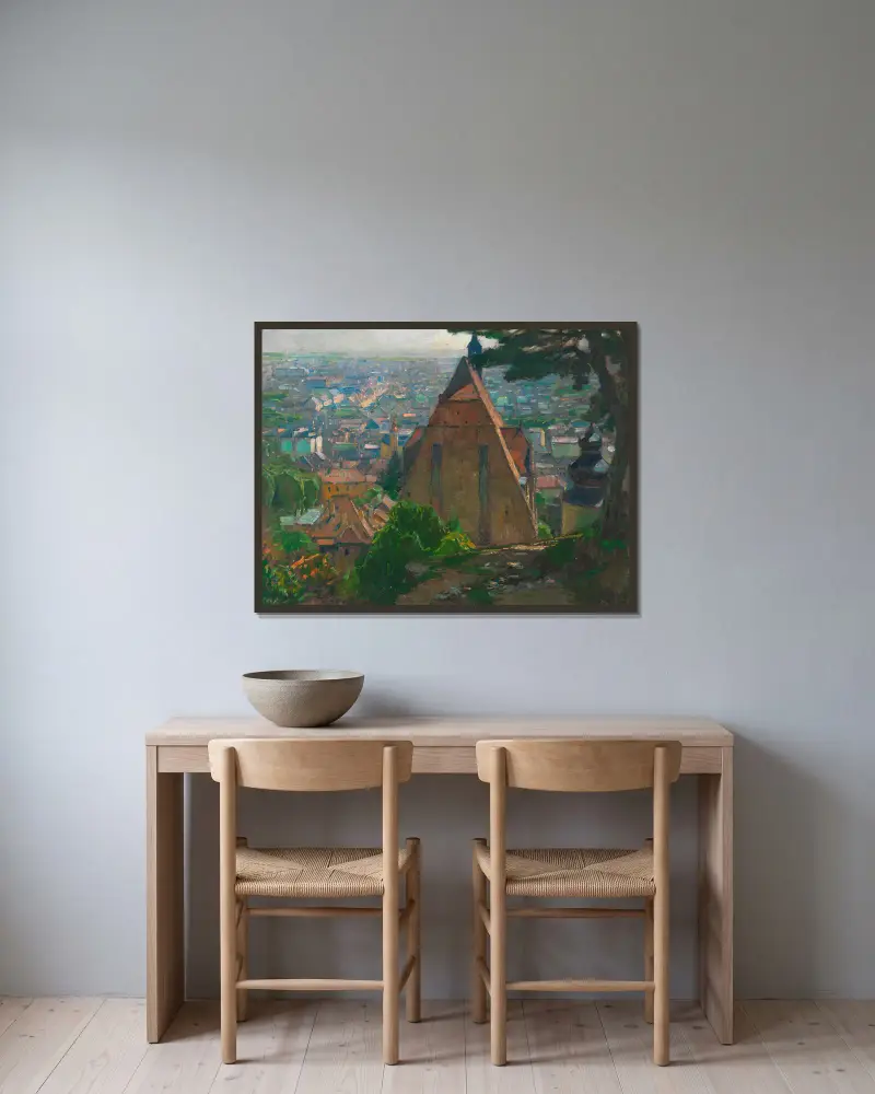 Blick auf Mödling von Carl Moll gerahmt an einer Wand