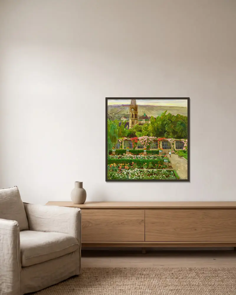 Blick in den Garten der Villa Ast (View of the garden of the Villa Ast) av Carl Moll inramad på en vägg