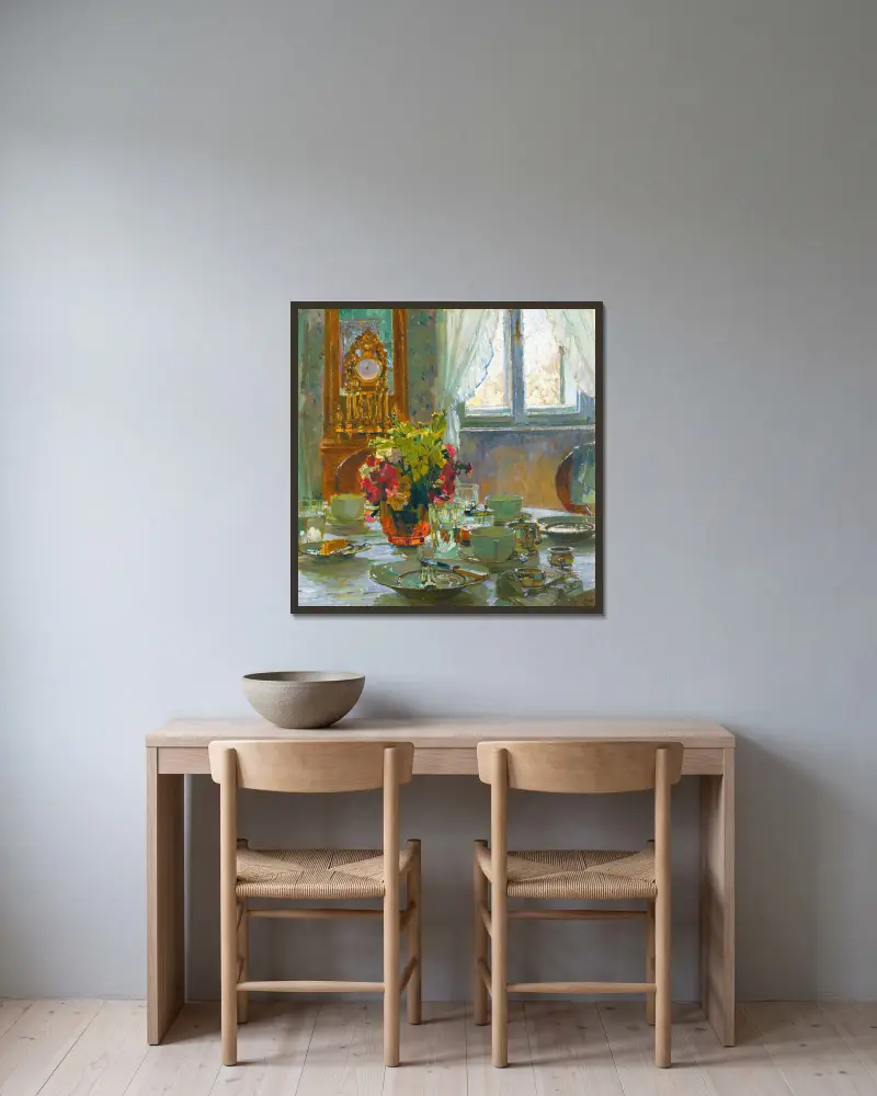 The breakfast table av Carl Moll inramad på en vägg