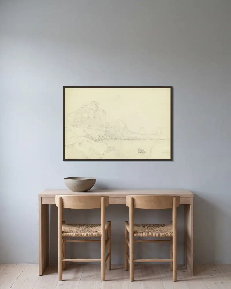 Monte Castiglione med fästningen på toppen, i bakgrunden Villa Jovis på Monte Tibero, till höger Faraglioni utanför Capri av Carl Morgenstern inramad på en vägg