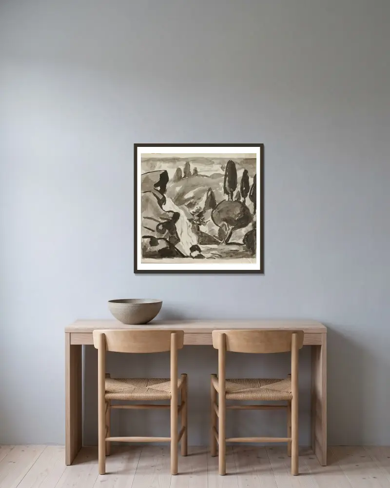 Landscape – nr 1 av Carl Newman inramad på en vägg
