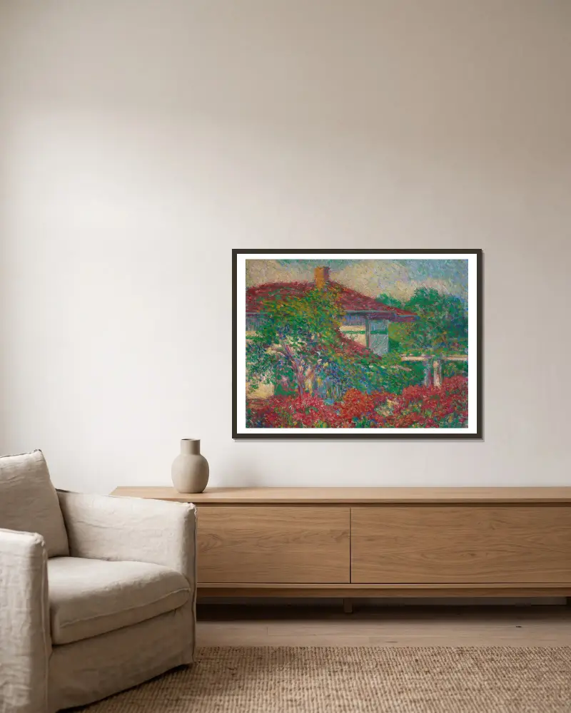 Landschaft mit rotem Dachgebäude von Carl Newman gerahmt an einer Wand