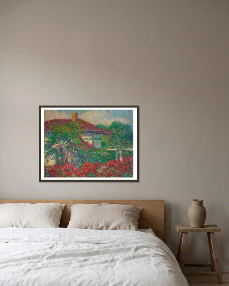 Landschaft mit rotem Dachgebäude von Carl Newman gerahmt an einer Wand