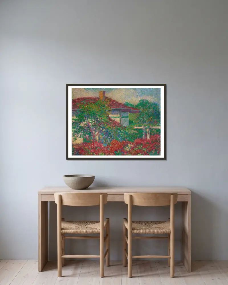 Landschaft mit rotem Dachgebäude von Carl Newman gerahmt an einer Wand