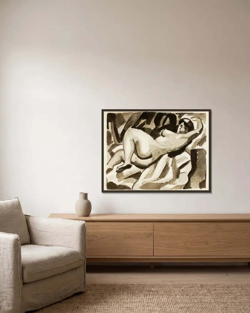 Reclining Female Nude II av Carl Newman inramad på en vägg