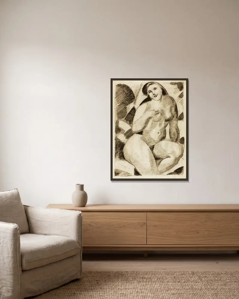 Seated Female Nude av Carl Newman inramad på en vägg