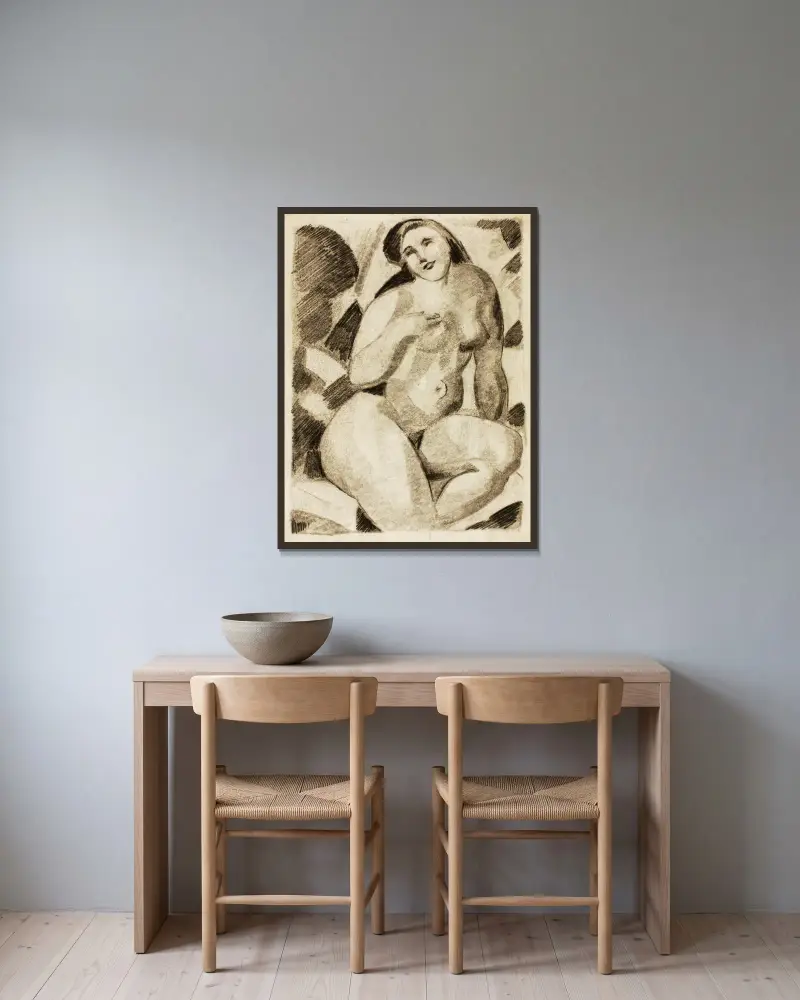 Seated Female Nude av Carl Newman inramad på en vägg