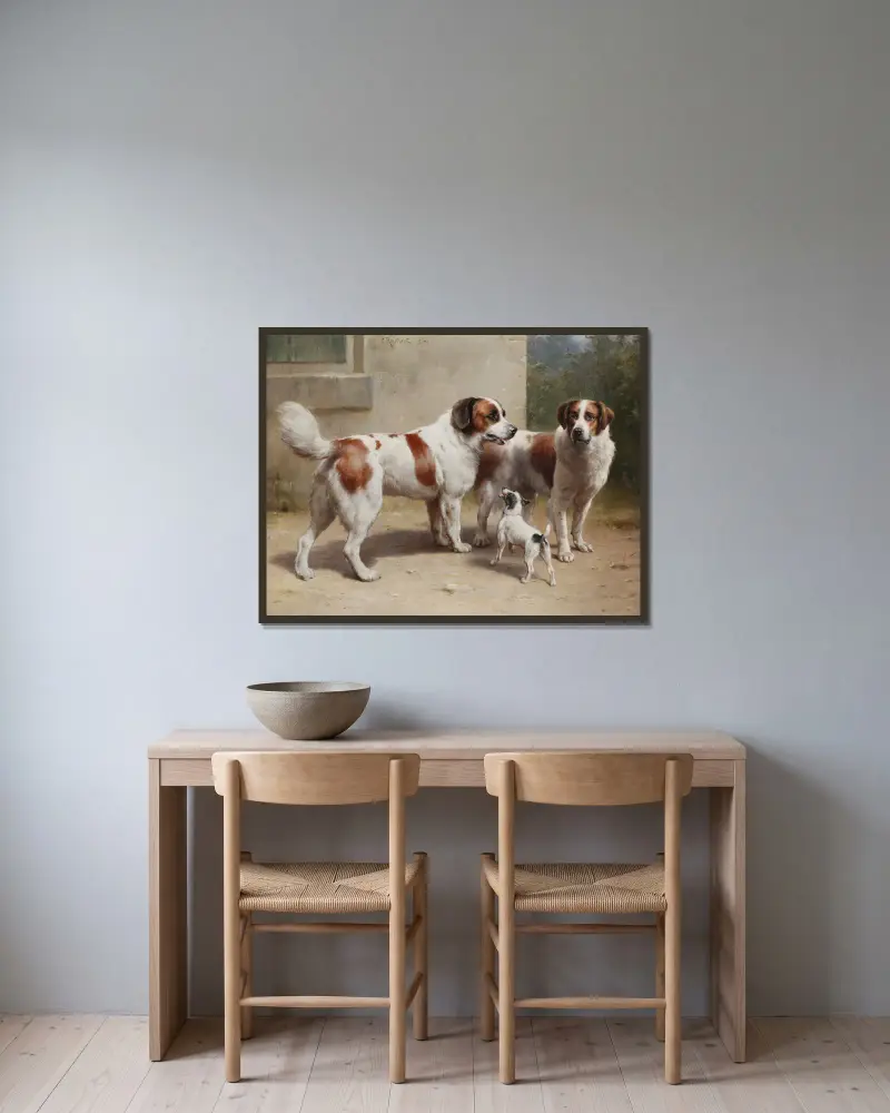 Drei Hunde von Carl Reichert gerahmt an einer Wand
