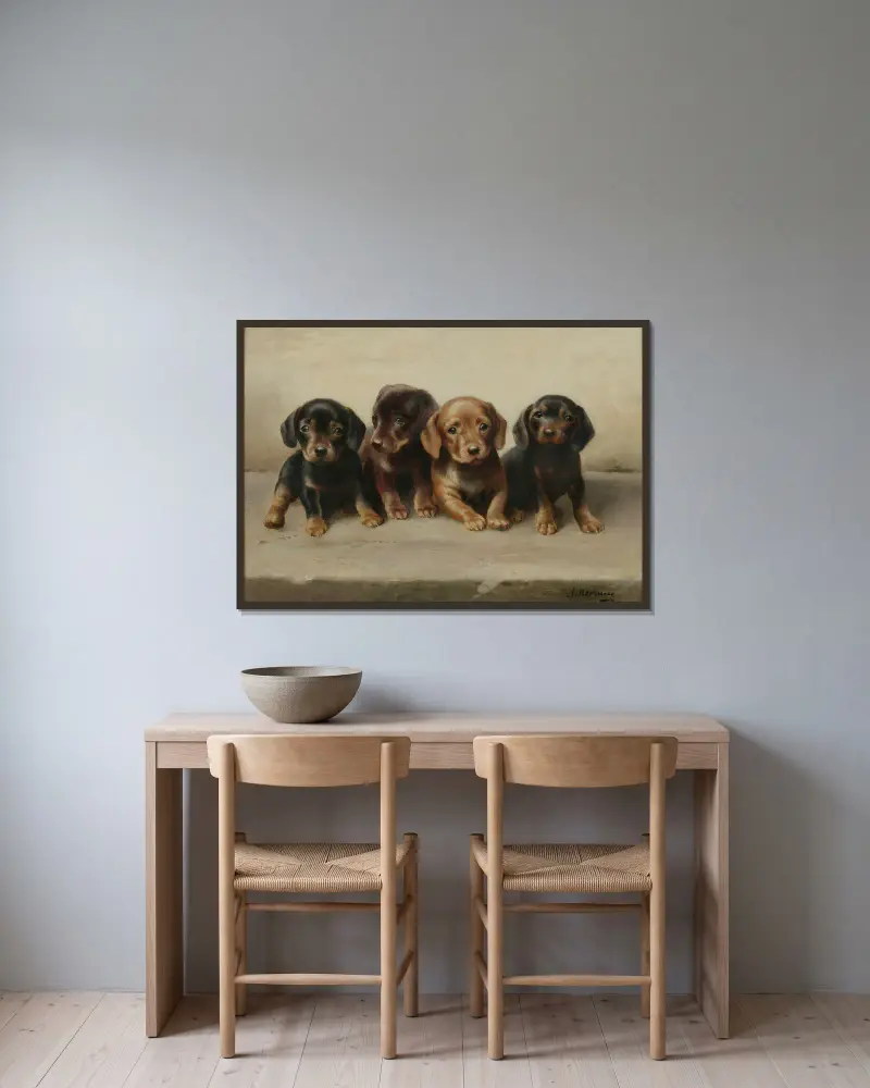 Four Dachshund puppies av Carl Reichert inramad på en vägg