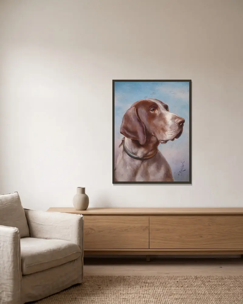 Hundeportrait av Carl Reichert inramad på en vägg