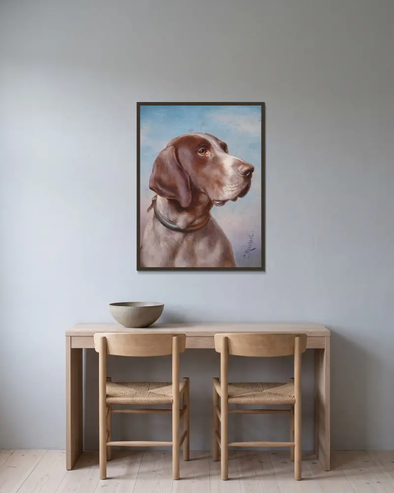 Hundeportrait av Carl Reichert inramad på en vägg
