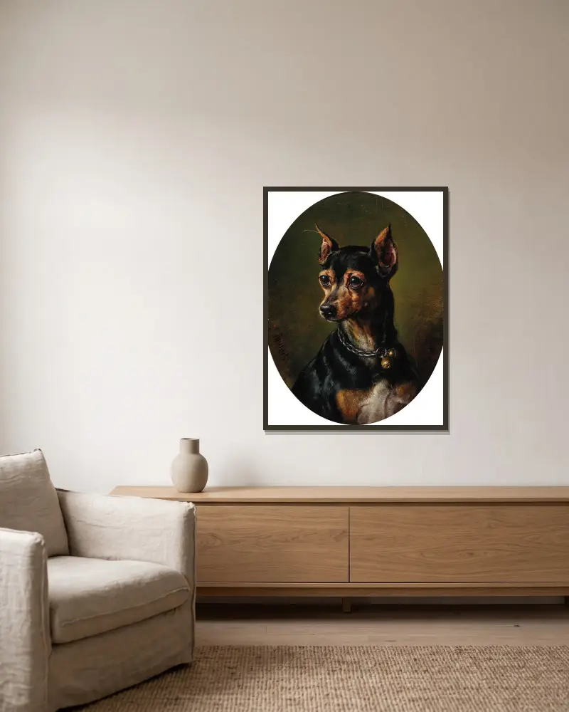Pinscher in Collar with Bells av Carl Reichert inramad på en vägg