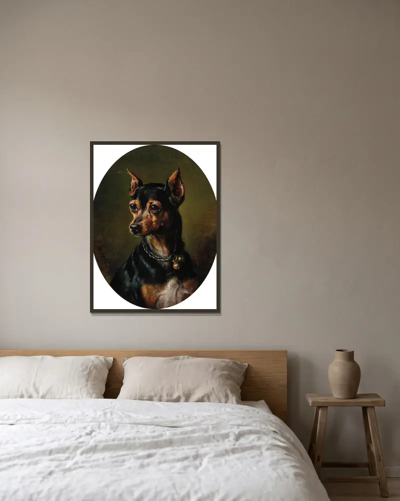 Pinscher in Collar with Bells av Carl Reichert inramad på en vägg