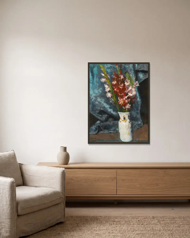 Gladioli av Carl Schuch inramad på en vägg