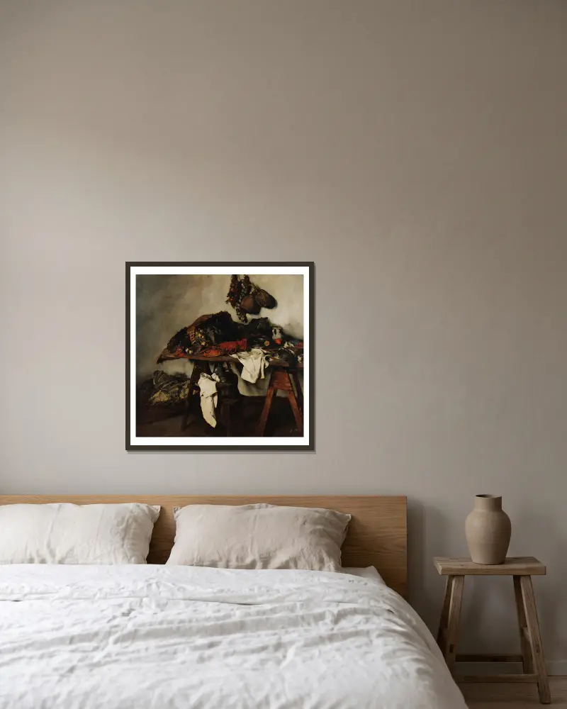 Großes Küchenstillleben von Carl Schuch gerahmt an einer Wand
