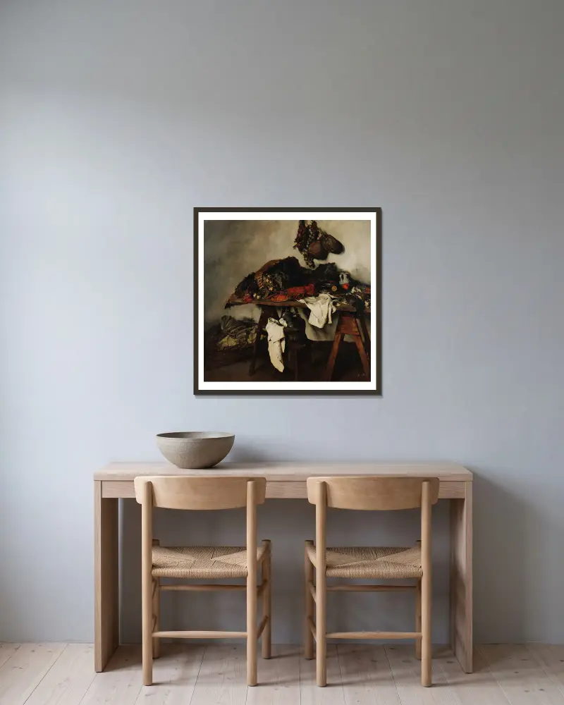 Großes Küchenstillleben von Carl Schuch gerahmt an einer Wand