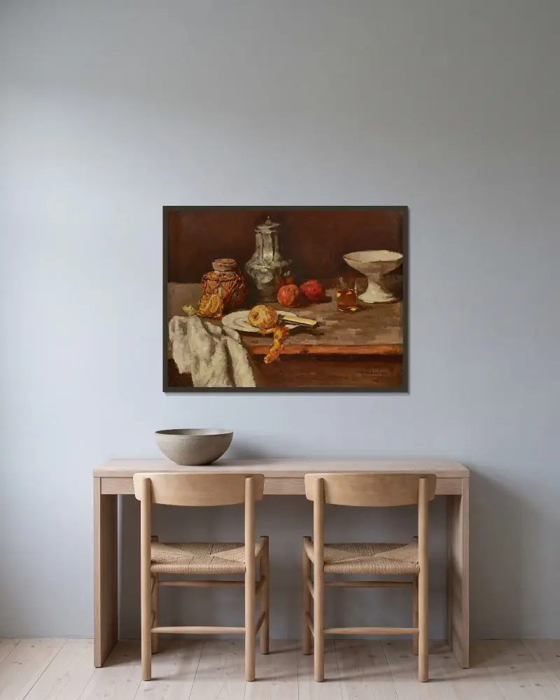Ingwertopf mit Orangenhälfte av Carl Schuch inramad på en vägg