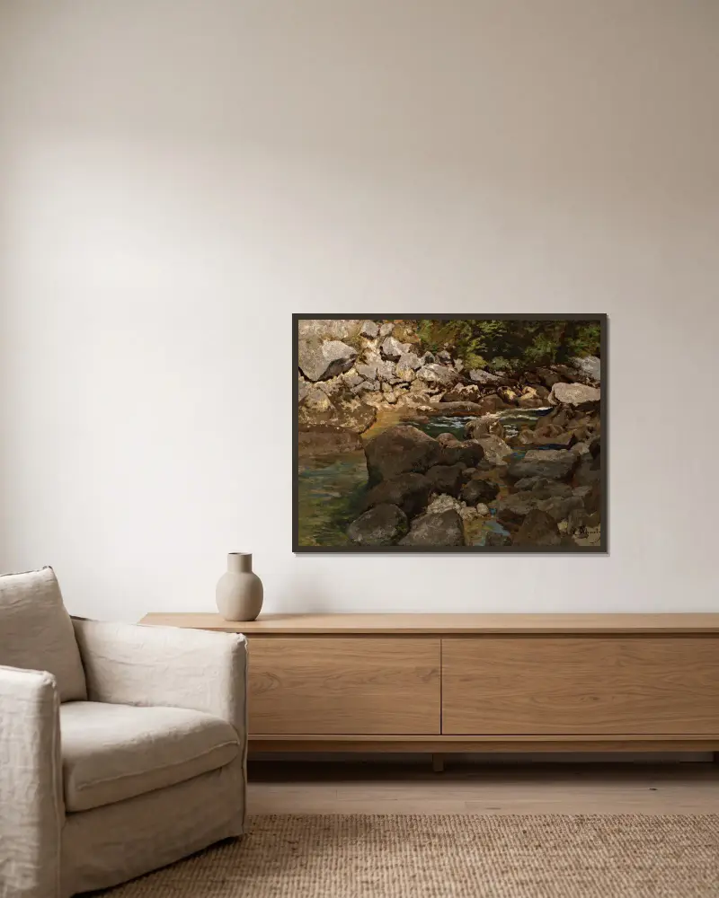 Mountain Stream with Boulders av Carl Schuch inramad på en vägg
