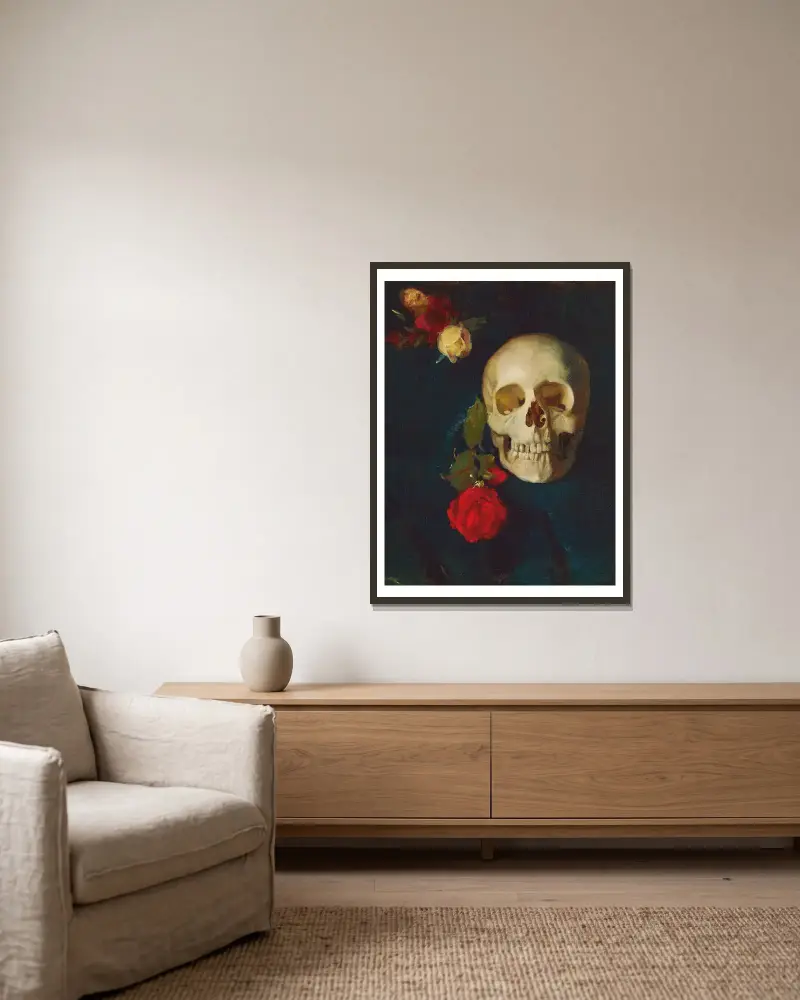Skull with roses av Carl Schuch inramad på en vägg