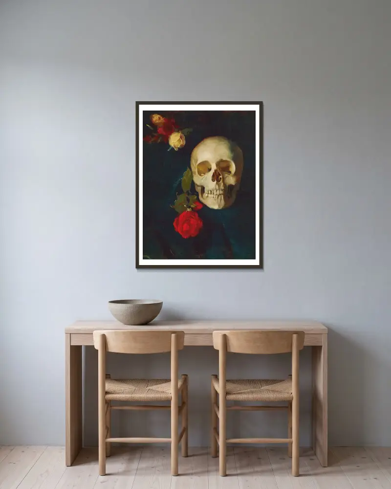 Skull with roses av Carl Schuch inramad på en vägg