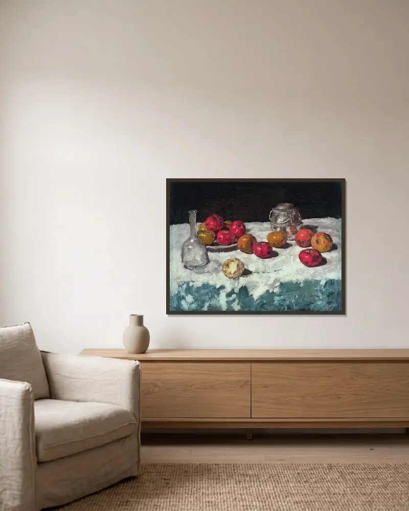 Still Life with Apples av Carl Schuch inramad på en vägg