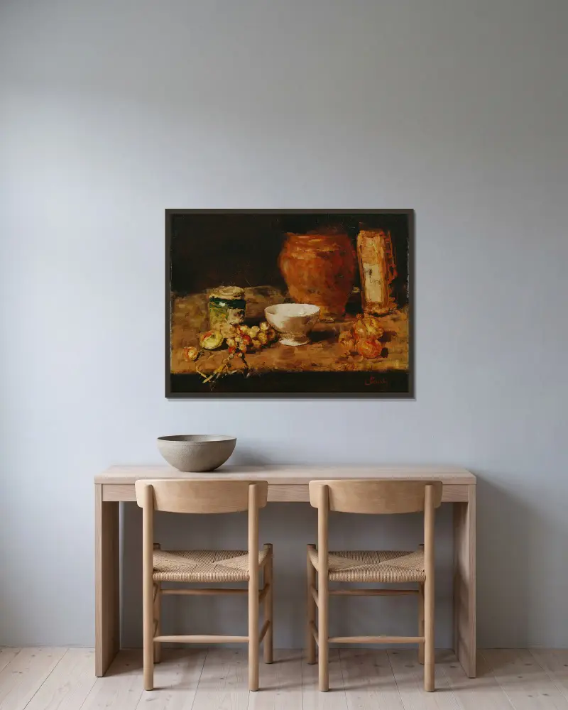 Stillleben mit weißer Schale von Carl Schuch gerahmt an einer Wand