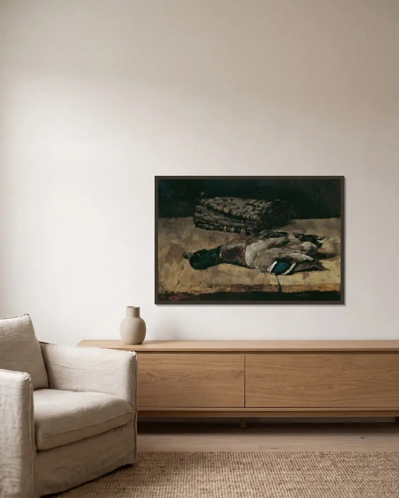 Stillleben mit Wildente und Jagdtasche I von Carl Schuch gerahmt an einer Wand