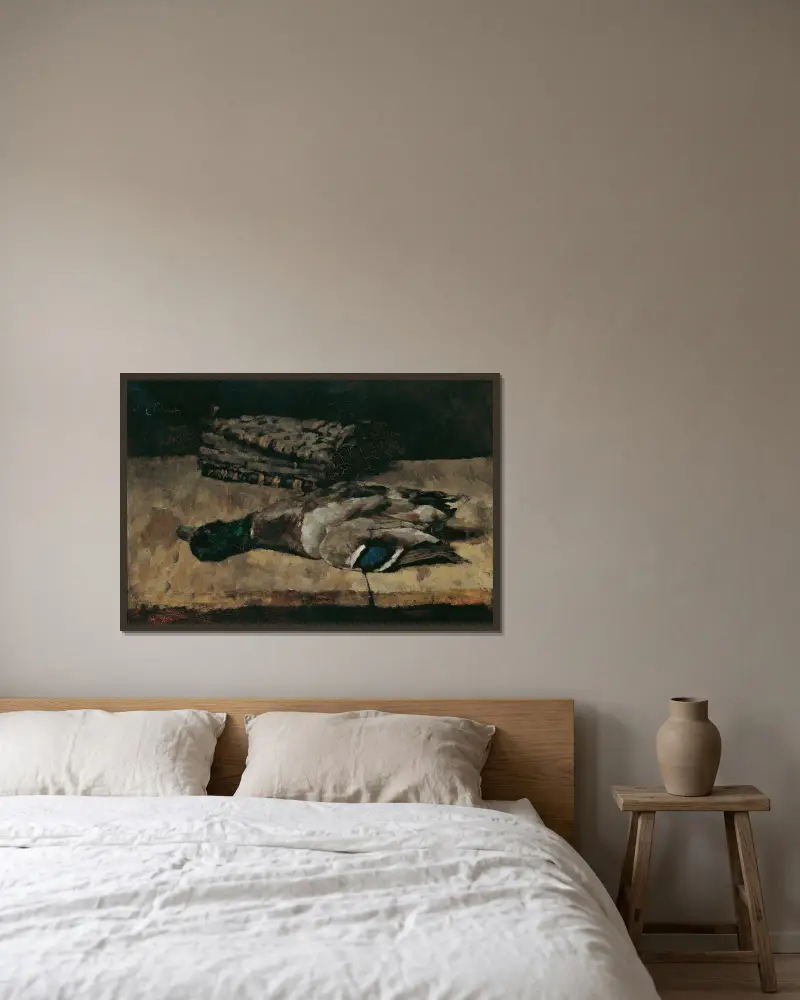 Stillleben mit Wildente und Jagdtasche I von Carl Schuch gerahmt an einer Wand