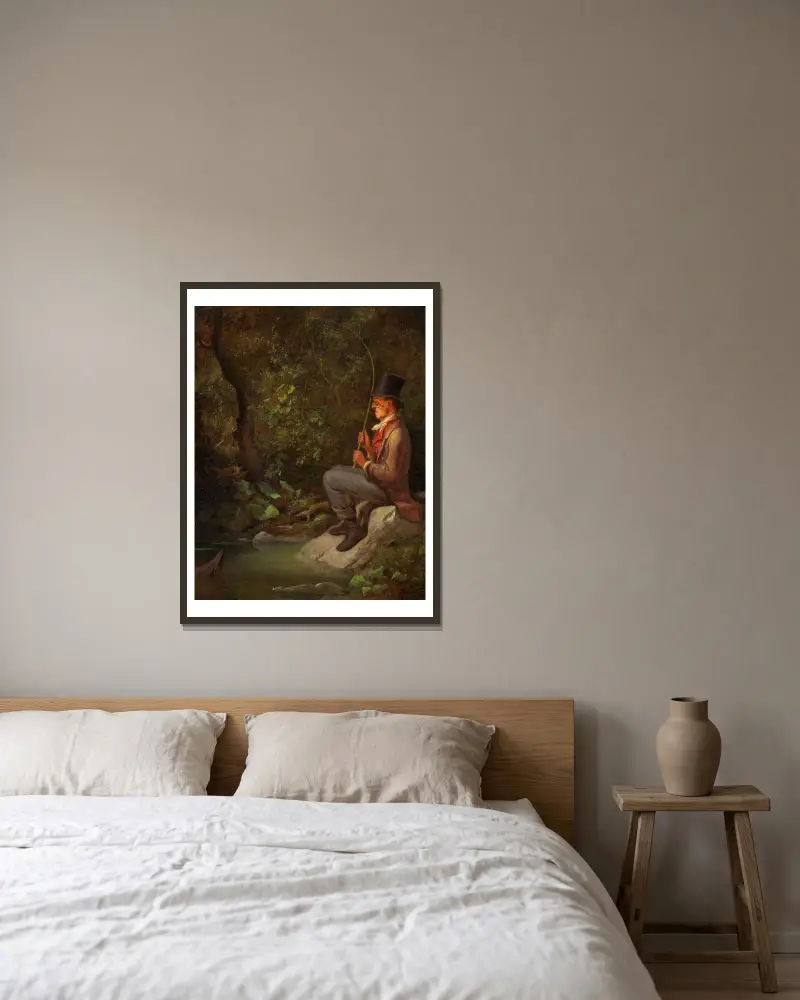 Rybář u lesního potoka, Carl Spitzweg v rámu na stěně
