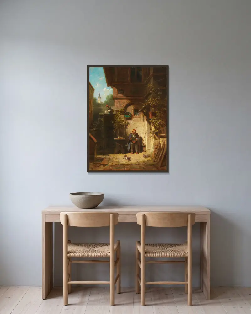 I väntan på tidningen av Carl Spitzweg inramad på en vägg