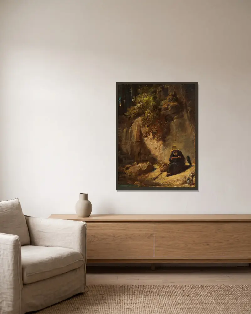 Läsande eremit med korp i en ravin av Carl Spitzweg inramad på en vägg
