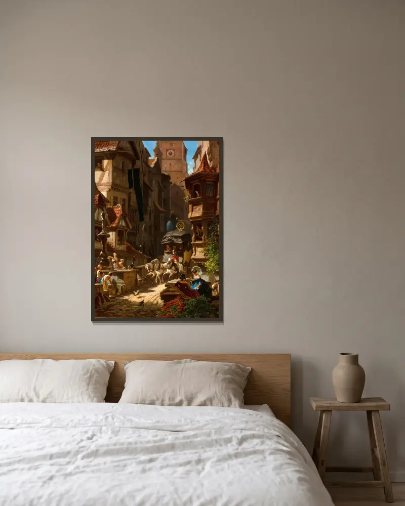 Diligensens ankomst av Carl Spitzweg inramad på en vägg