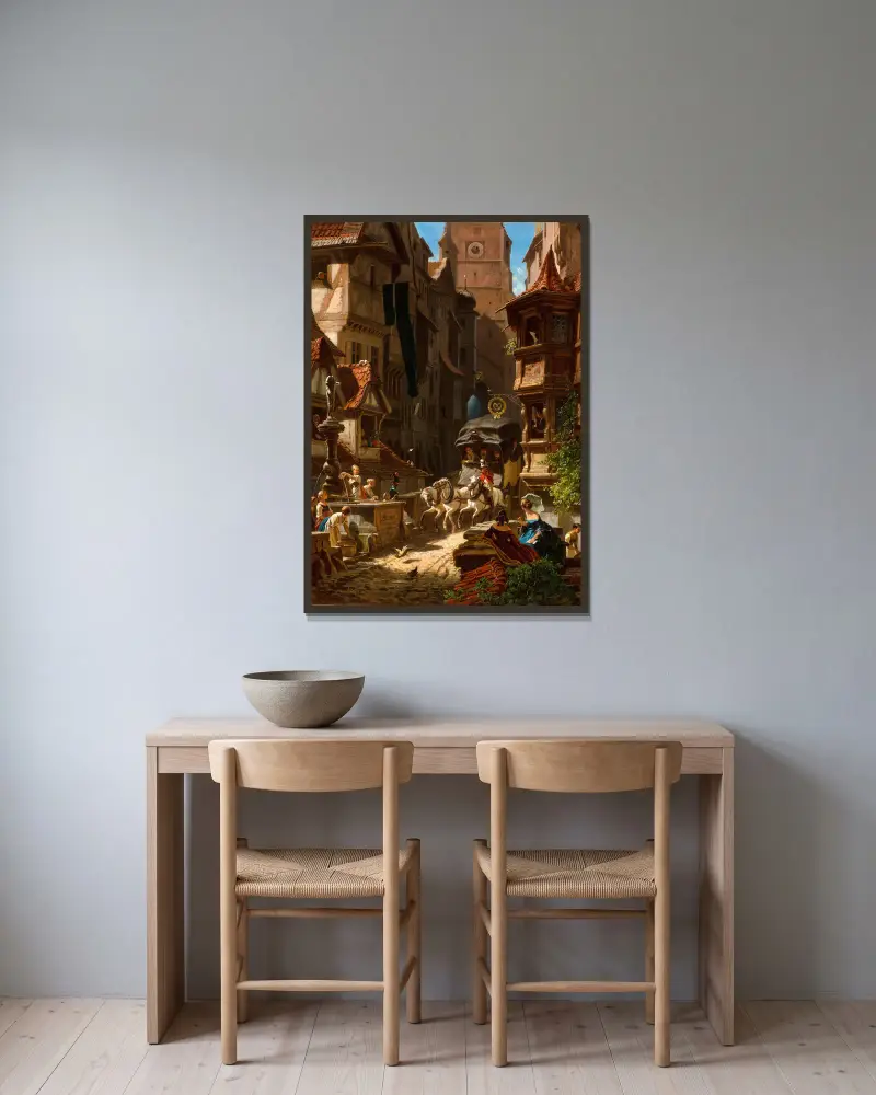 Diligensens ankomst av Carl Spitzweg inramad på en vägg