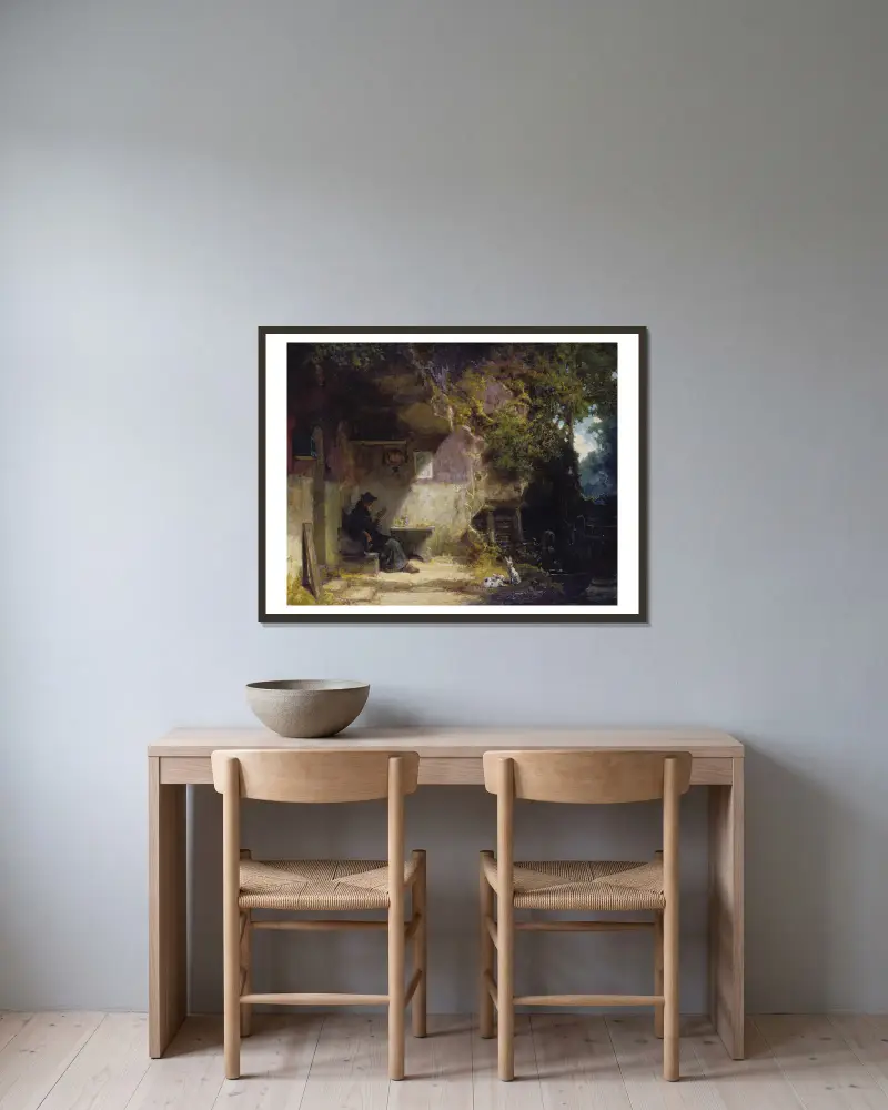 Eremiten framför sin hydda av Carl Spitzweg inramad på en vägg