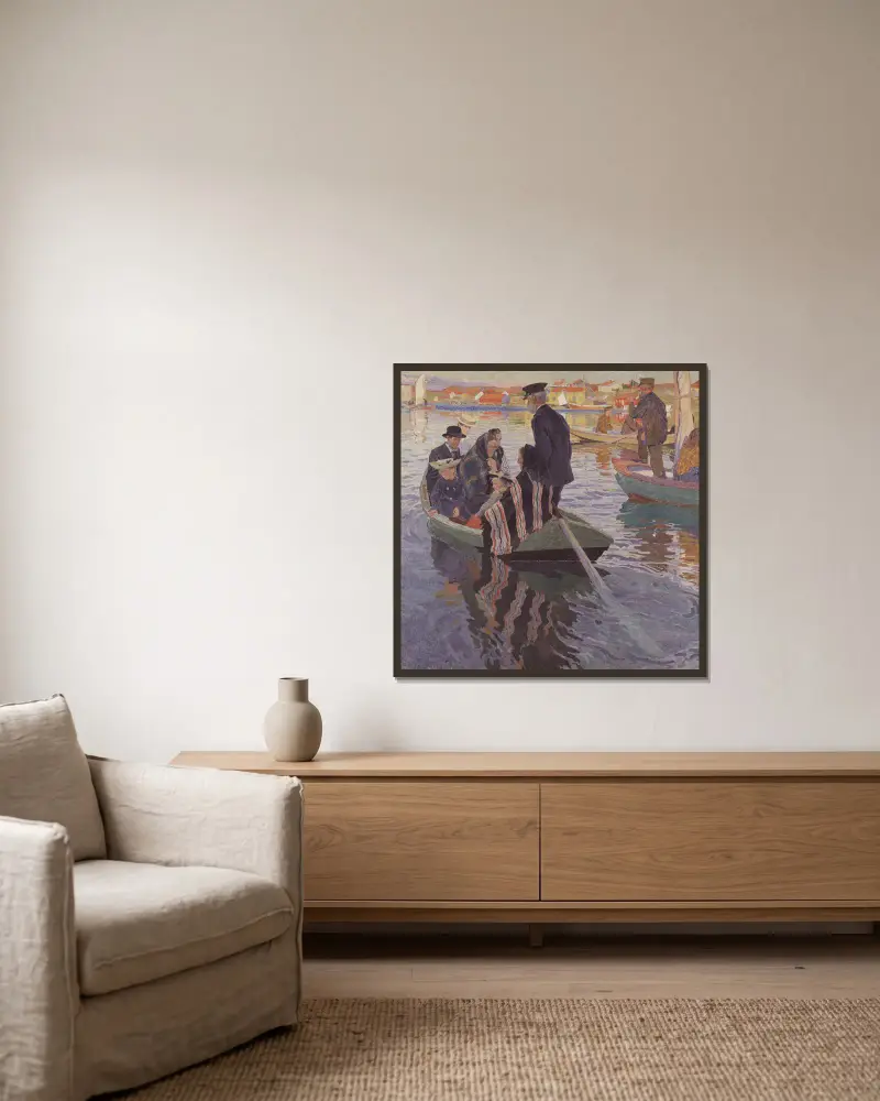 Kirchenbesucher im Boot von Carl Wilhelmson gerahmt an einer Wand