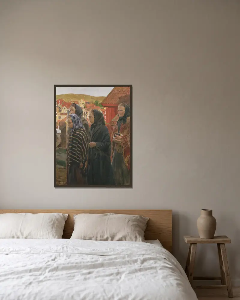 Fiskarhustrur på hemväg från kyrkan av Carl Wilhelmson inramad på en vägg