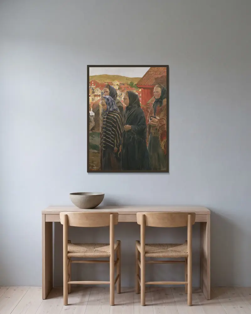 Fiskarhustrur på hemväg från kyrkan av Carl Wilhelmson inramad på en vägg