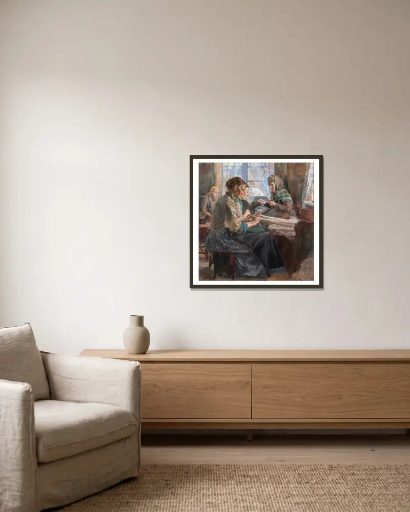 Fischerinnen beim Netzknüpfen, Bohuslän von Carl Wilhelmson gerahmt an einer Wand
