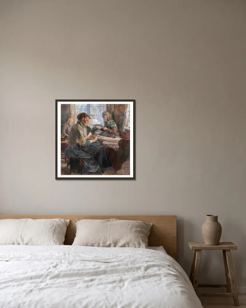 Fischerinnen beim Netzknüpfen, Bohuslän von Carl Wilhelmson gerahmt an einer Wand