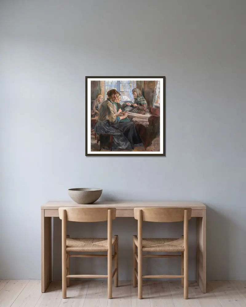 Fischerinnen beim Netzknüpfen, Bohuslän von Carl Wilhelmson gerahmt an einer Wand