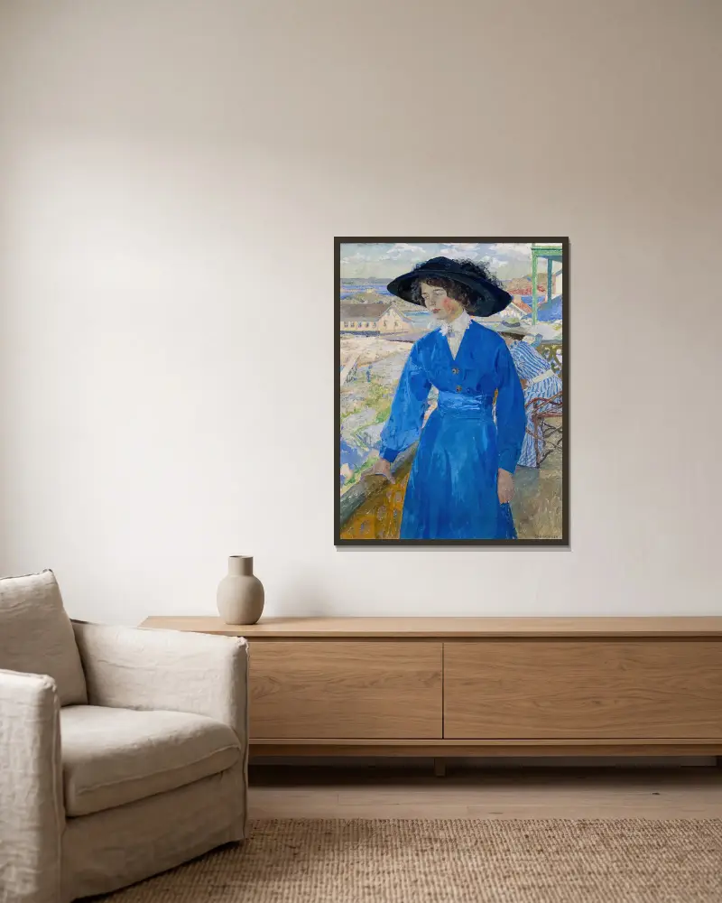 Mädchen in Blau, 1910 von Carl Wilhelmson gerahmt an einer Wand