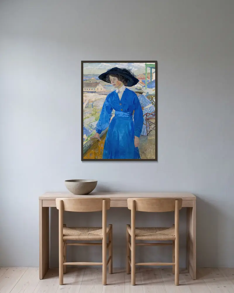 Mädchen in Blau, 1910 von Carl Wilhelmson gerahmt an einer Wand