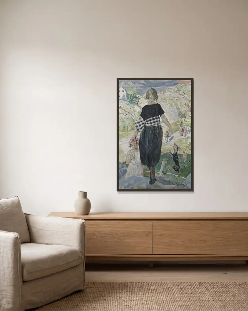 Springender Hund von Carl Wilhelmson gerahmt an einer Wand