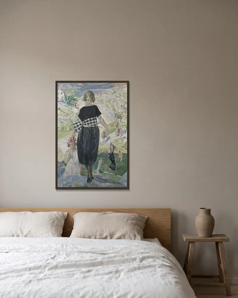 Springender Hund von Carl Wilhelmson gerahmt an einer Wand