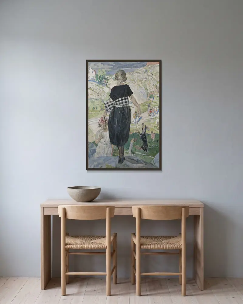 Springender Hund von Carl Wilhelmson gerahmt an einer Wand