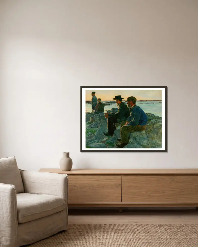 På klipporna, Fiskebäckskil av Carl Wilhelmson inramad på en vägg