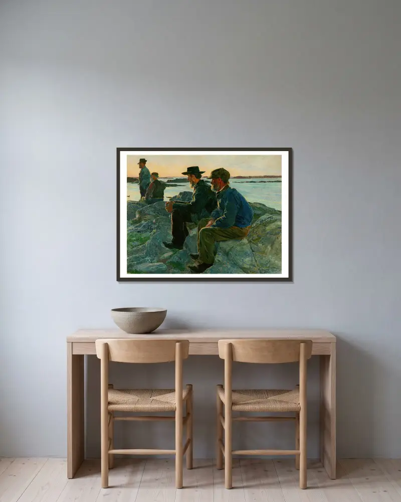 På klipporna, Fiskebäckskil av Carl Wilhelmson inramad på en vägg