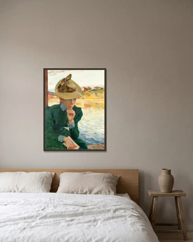 Scen från svenska västkusten av Carl Wilhelmson inramad på en vägg