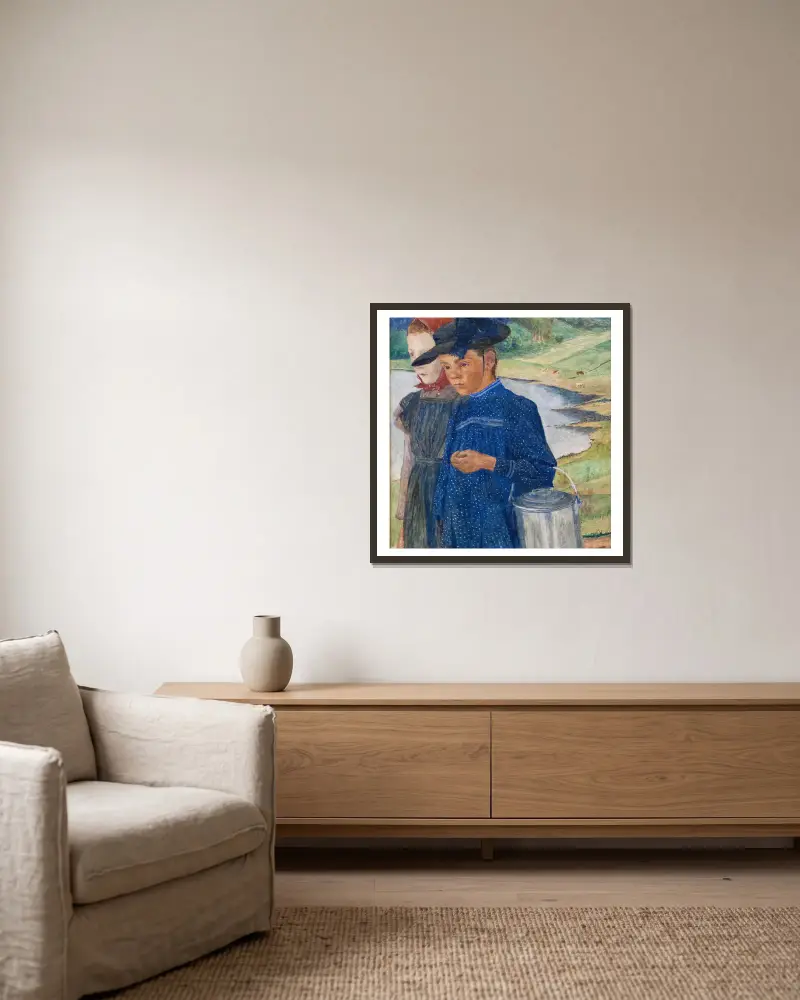Två flickor på vägen av Carl Wilhelmson inramad på en vägg